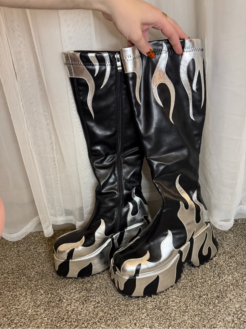 Amazon Black Platform Knee-High Boots with Silver Flame Accents